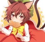  1girl animal_ears bangs blush bow bowtie brown_hair cat_ears cat_tail chen commentary_request cookie dress eyebrows_visible_through_hair flat_chest food hair_between_eyes jewelry long_sleeves looking_at_viewer mouth_hold multiple_tails nekomata oni_tama petticoat red_dress red_eyes short_hair simple_background single_earring solo tail touhou two-tone_background two_tails upper_body white_background yellow_background yellow_bow yellow_neckwear 