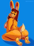  2020 absurd_res anthro anus big_breasts blue_background breasts brown_hair dhalia_(yoelrabbit) ears_up female freckles full-length_portrait genitals grin hair half-closed_eyes happy hi_res lagomorph leporid looking_at_viewer looking_back looking_back_at_viewer mammal narrowed_eyes nipples nude portrait pussy rabbit rear_view samoyena simple_background smile solo yellow_body 