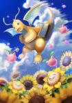  bag blurry brown_eyes claws cloud commentary_request day dragonite flower from_below gen_1_pokemon gen_2_pokemon highres hoppip kikuyoshi_(tracco) open_mouth outdoors pokemon pokemon_(creature) shoulder_bag signature sky smile sunflora sunflower tongue 