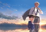  2boys :d amuro_tooru animal bangs bird black_neckwear blazer blonde_hair blue_eyes blue_jacket blue_sky bow bowtie brown_hair child cloud collared_shirt commentary_request day edogawa_conan feet_out_of_frame glasses grey_jacket grey_pants grey_shorts hair_between_eyes hand_in_pocket horizon jacket jacket_on_shoulders jacket_removed k_gear_labo looking_at_viewer looking_to_the_side male_focus meitantei_conan multiple_boys necktie open_mouth outdoors pants red_bow red_neckwear reflection reflective_water shirt shirt_tucked_in short_hair shorts sky smile standing sun upper_teeth water white_shirt 