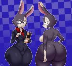  2021 absurd_res anthro big_breasts big_butt blue_eyes breasts butt clothed clothing eyewear female fur glasses glue_studios grey_body grey_fur hi_res huge_butt lagomorph leporid looking_at_viewer looking_back mammal nude rabbit rimba_racer side_boob simple_background solo suit tablet thick_thighs tight_clothing torres_(rimba_racer) white_body white_fur xmetalhusky 