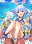  1girl :d animal_ear_fluff animal_ears bad_feet bare_shoulders bikini blue_bikini blue_hair blue_ribbon blush bow braid breasts bunny-shaped_pupils bunny_ears carrot carrot_hair_ornament carrot_print cherry choker cleavage cloud cloudy_sky collarbone commentary_request convenient_leg cup damu_(dapeach) day don-chan_(usada_pekora) eyebrows_visible_through_hair food food_print food_themed_hair_ornament fruit hair_bow hair_ornament heart heart_choker highres holding holding_cup holding_spoon hololive horizon legband long_hair looking_at_viewer multicolored_hair open_mouth orange_eyes outdoors pom_pom_(clothes) ribbon sandals shaved_ice sidelocks silver_hair sky small_breasts smile solo spoon swimsuit thick_eyebrows twin_braids twintails two-tone_hair upper_teeth usada_pekora v-shaped_eyebrows very_long_hair virtual_youtuber water white_choker yellow_bow 