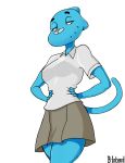  2020 anthro b-intend blue_body blue_fur bottomwear breasts cartoon_network clothed clothing digital_media_(artwork) domestic_cat felid feline felis female fur hands_on_hips hi_res mammal nicole_watterson pleated_skirt shirt simple_background skirt solo the_amazing_world_of_gumball topwear white_background 