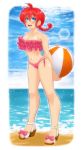  1girl ahoge arms_behind_back ball bare_shoulders beach beachball bikini blue_eyes blush bow braid braided_ponytail breasts cleavage commentary day english_commentary eyebrows_visible_through_hair frilled_swimsuit frills genderswap genderswap_(mtf) hair_intakes highres holding holding_ball lens_flare long_legs medium_breasts medium_hair navel ocean omiiverse open_mouth pink_bow pink_eyeshadow pink_swimsuit ranma-chan ranma_1/2 red_hair sand sandals saotome_ranma side-tie_bikini solo strapless summer swimsuit toes tubetop upper_teeth water 