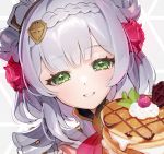  1girl armor armored_dress eyebrows_visible_through_hair eyelashes flower food fruit galibo genshin_impact green_eyes hair_flower hair_ornament maid_headdress neckerchief noelle_(genshin_impact) pancake rose smile solo strawberry upper_body whipped_cream white_hair 