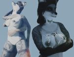  &#039;jack&#039;_carter_(tc) anthro bodily_fluids breasts canid canine crossed_arms cum cum_on_breasts duo female fox genital_fluids genitals grey_fox human looking_at_viewer looking_pleasured male male/female mammal nipples pussy switch_(tc) tac-cat tattoo urocyon 