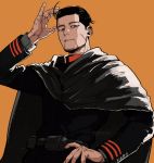  arm_up belt black_eyes black_hair black_jacket brown_background buttons cape collared_jacket commentary_request facial_hair golden_kamuy grey_cape hair_slicked_back hair_strand hand_in_hair hand_on_hip highres hood hood_down hooded_cape imperial_japanese_army jacket long_sleeves looking_at_viewer male_focus military military_uniform ogata_hyakunosuke parted_lips pouch scar scar_on_cheek scar_on_face short_hair simple_background smile solo standing stubble tonta_(tonta1231) undercut uniform upper_body 