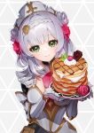  1girl armor armored_dress bangs breasts cleavage eyebrows_visible_through_hair eyelashes flower food fruit galibo gauntlets genshin_impact green_eyes hair_flower hair_ornament highres holding holding_food holding_plate large_breasts looking_at_viewer maid maid_headdress neckerchief noelle_(genshin_impact) pancake plate rose simple_background smile solo strawberry sugar_(food) whipped_cream white_hair 