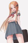  1girl :d abigail_williams_(fate/grand_order) bangs black_bow blonde_hair blue_eyes blush bow brown_bow commentary_request fang fate/grand_order fate_(series) forehead grey_background grey_sailor_collar grey_skirt hair_bow kopaka_(karda_nui) long_hair midriff_peek navel neckerchief open_mouth parted_bangs pleated_skirt red_neckwear sailor_collar school_briefcase school_uniform serafuku shirt short_sleeves simple_background skirt smile solo standing very_long_hair white_shirt 