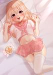  1girl absurdres astolfo_(fate) astolfo_(fate)_(cosplay) bangs bed_sheet blonde_hair blush breasts cosplay covered_nipples crop_top fate/grand_order fate/kaleid_liner_prisma_illya fate_(series) hair_between_eyes highres illyasviel_von_einzbern long_hair looking_at_viewer lying magical_ruby midriff neckerchief no_panties on_back open_mouth pillow pink_neckwear pink_sailor_collar pink_skirt pussy red_eyes sailor_collar school_uniform see-through serafuku shirt short_sleeves sidelocks skirt small_breasts smile takio_(kani_sama) thighhighs thighs white_legwear white_shirt 