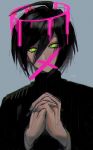  1boy bangs black_hair commentary_request covered_mouth cross danganronpa_(series) danganronpa_v3:_killing_harmony glowing glowing_eyes green_eyes grey_background hair_between_eyes halo hands_clasped hands_up joh_pierrot long_sleeves male_focus own_hands_together pink_blood saihara_shuuichi simple_background solo turtleneck upper_body yellow_eyes 
