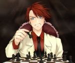  1boy bishop_(chess) black_neckwear blue_eyes board_game chess chess_piece chessboard dzwartsy formal king_(chess) knight_(chess) pawn queen_(chess) red_hair red_shirt rook_(chess) shirt solo suit umineko_no_naku_koro_ni ushiromiya_battler vest 