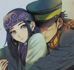  1boy 1girl ainu ainu_clothes asirpa bandana black_hair blue_bandana blue_eyes blue_headwear blush closed_mouth commentary_request couple covered_eyes ear_piercing earrings from_side golden_kamuy grey_background hat hoop_earrings hug hug_from_behind imperial_japanese_army jewelry kepi kurobuta_(pachiko) lips long_hair long_sleeves looking_at_viewer military military_hat military_uniform piercing scar scar_on_cheek scar_on_face scar_on_mouth scarf short_hair simple_background star_(symbol) sugimoto_saichi two-tone_headwear uniform upper_body yellow_headwear yellow_scarf 