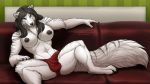  16:9 2021 5_fingers anthro areola black_hair black_nose breasts canid canine canis diaszoom digital_media_(artwork) feet fingers fur gynomorph hair intersex looking_at_viewer mammal nipples smile solo toes white_body white_fur widescreen wolf 