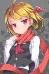  1girl ascot bangs black_skirt black_vest blonde_hair breasts checkered checkered_scarf closed_mouth commentary_request eyebrows_visible_through_hair grey_background hair_ribbon hand_up long_sleeves looking_at_viewer red_eyes red_neckwear red_ribbon red_scarf ribbon rumia scarf shirt skirt sleeves_past_wrists small_breasts solo touhou uumaru vest white_shirt 