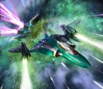  aircraft airplane fighter_jet firing flying highres jet laser macross macross_delta mecha military military_vehicle motion_blur no_humans official_art science_fiction signature space sv-262 tenjin_hidetaka thrusters vf-31 vf-31j 