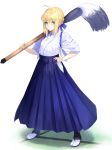  1girl absurdres ahoge artoria_pendragon_(all) bangs blonde_hair blue_hakama blue_ribbon braid closed_mouth commentary_request eyebrows_visible_through_hair fate/stay_night fate_(series) full_body green_eyes hair_ribbon hakama hand_on_hip highres holding huge_filesize japanese_clothes kimono looking_at_viewer m.tokotsu oversized_object paintbrush ribbon saber shinai short_hair smile socks solo standing sword weapon white_legwear 