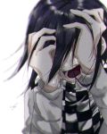  1boy bangs black_hair checkered checkered_scarf commentary_request danganronpa_(series) danganronpa_v3:_killing_harmony grey_jacket hair_between_eyes hands hands_on_own_face jacket joh_pierrot long_sleeves looking_at_viewer male_focus medium_hair open_mouth ouma_kokichi scarf shiny shiny_hair signature simple_background solo straitjacket tears teeth upper_body white_background 