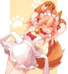  1girl animal_ear_fluff animal_ears apron armpits arms_behind_head arms_up bangs bare_shoulders bell bell_collar blush bow breasts cat_hair_ornament collar fangs fate/extra fate/grand_order fate_(series) fox_ears fox_girl fox_tail frills hair_between_eyes hair_bow hair_ornament highres jingle_bell large_breasts long_hair looking_at_viewer naked_apron nipples open_mouth paw_print pink_hair ponytail red_bow sideboob sidelocks smile sorrau tail tamamo_(fate)_(all) tamamo_cat_(fate) thighs white_apron yellow_eyes 