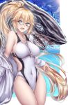  1girl black-framed_eyewear blonde_hair blue_eyes blue_sky cloud commentary_request competition_swimsuit covered_navel cowboy_shot day fate/grand_order fate_(series) glasses highres jacket jeanne_d&#039;arc_(fate)_(all) jeanne_d&#039;arc_(swimsuit_archer) light_rays long_hair one-piece_swimsuit outdoors ponytail shark sky sun sunbeam sunlight swimsuit user_ramf2222 whistle whistle_around_neck white_jacket white_swimsuit 