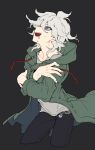  1boy absurdres arched_back bangs black_background black_pants blue_eyes chain coat collarbone commentary_request contrapposto crazy_eyes cropped_legs crossed_arms danganronpa_(series) danganronpa_2:_goodbye_despair green_coat grey_hair grey_shirt hair_between_eyes hands_on_own_arms highres hood komaeda_nagito long_sleeves looking_up male_focus medium_hair messy_hair open_clothes open_mouth pants saliva shirt simple_background sin11111 skull_ornament solo 