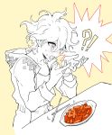  ! !? 1boy ? absurdres bangs blush chopsticks collarbone commentary_request crazy_eyes danganronpa_(series) danganronpa_2:_goodbye_despair food hands_up highres hood hood_down hooded_jacket jacket komaeda_nagito long_sleeves male_focus messy_hair monochrome open_mouth shirt sin11111 solo spoken_exclamation_mark spoken_question_mark spot_color tears teeth upper_body yellow_background 