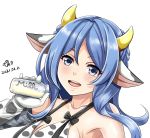  1girl animal_ears animal_print artist_name bikini blue_eyes blue_hair blush bottle breasts cleavage collarbone cow_ears cow_horns cow_print dated double_bun elbow_gloves eyebrows_visible_through_hair gloves holding holding_bottle horns kantai_collection large_breasts medium_hair open_mouth portrait signature simple_background smile solo swimsuit tk8d32 upper_teeth urakaze_(kantai_collection) white_background white_bikini white_gloves 