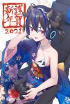  1girl 2021 animal_ears animal_print bangs bare_arms bare_shoulders bikini black_hair blue_kimono blue_nails blush breasts chinese_zodiac cleavage collarbone commentary_request controller cow_ears cow_horns cow_print criss-cross_halter double_bun eyebrows_visible_through_hair fake_animal_ears fake_horns fang floral_print game_controller ginopi hadanugi_dousa hair_between_eyes halterneck hand_on_headphones hand_up headphones highres holding horns japanese_clothes kimono medium_breasts nail_polish on_chair open_mouth original playstation_controller print_bikini print_kimono red_eyes short_sleeves sitting solo sweat swimsuit twintails wide_sleeves year_of_the_ox 