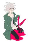  1boy absurdres amputee bangs black_pants coat collarbone commentary_request crazy_eyes cropped_legs danganronpa_(series) danganronpa_2:_goodbye_despair full_body green_coat grey_eyes grey_hair grey_shirt highres holding holding_weapon hood hood_down hooded_coat invisible_chair komaeda_nagito long_neck long_sleeves male_focus messy_hair open_clothes open_coat pants pink_blood saw shirt short_hair simple_background sin11111 sitting smile solo spoilers weapon white_background 