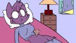  animated anthro bed bottomwear breasts clothing confused_face confused_look confusion cute_face deep_navel domestic_cat duo eyelashes felid feline felis female fluffy fur furniture lying mammal midriff navel navel_fetish nezzux on_back pants pillow pupils purple_body purple_bottomwear purple_clothing purple_fur purple_pants purple_shirt purple_topwear shirt short_playtime slit_pupils solo topwear turtleneck worm 