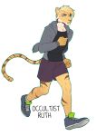  absurd_res anthro athletic blonde_hair bottomwear chest_tuft clothing felid feline footwear fur green_eyes hair hi_res hoodie jogging lurien_(character) male mammal occultistruth orange_body orange_fur outline pantherine shirt shoes shorts sneakers solo stripes tall tiger topwear tuft 