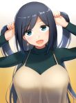  1girl beige_dress blue_eyes blue_hair breasts commentary_request gradient gradient_background green_sweater h_(hhhhhh4649) kantai_collection large_breasts long_hair looking_at_viewer official_alternate_costume smile solo souryuu_(kantai_collection) sweater turtleneck twintails upper_body white_background yellow_background 