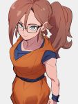  1girl android_21 blue_eyes closed_mouth cosplay dragon_ball dragon_ball_fighterz earrings glasses grey_background hoop_earrings jewelry kemachiku long_hair looking_at_viewer ponytail red_hair simple_background smile solo son_goku son_goku_(cosplay) 