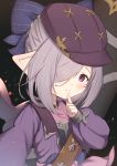  1girl bangs black_background blue_bow bow brown_headwear closed_mouth commentary flat_cap granblue_fantasy grey_hair hair_bow hair_over_one_eye hand_up hat highres jacket long_sleeves nio_(granblue_fantasy) pink_shirt pointy_ears puffy_long_sleeves puffy_sleeves purple_eyes purple_jacket shirt sleeves_past_wrists smile solo striped striped_bow symbol_commentary uneg 