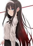  1girl bangs black_hair black_skirt blood bloody_hands blue_eyes breasts dress_shirt gradient_hair hairband highres long_hair long_sleeves looking_at_viewer multicolored_hair red_hair shirt simple_background skirt small_breasts tohno_akiha tsukihime vantrush white_background white_hairband white_shirt 