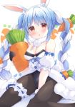  1girl :o animal_ear_fluff animal_ears bangs between_legs black_gloves black_legwear black_leotard blue_hair blush bow braid breasts bunny_ears carrot_hair_ornament cleavage commentary_request don-chan_(usada_pekora) dress eyebrows_visible_through_hair food_themed_hair_ornament fur-trimmed_dress fur-trimmed_gloves fur_trim gloves hair_between_eyes hair_bow hair_ornament hand_between_legs highres holding holding_stuffed_toy hololive leotard long_hair multicolored_hair pantyhose parted_lips red_eyes satsuki_yukimi short_eyebrows sitting small_breasts strapless strapless_dress strapless_leotard stuffed_carrot stuffed_toy thick_eyebrows twin_braids twintails two-tone_hair usada_pekora very_long_hair virtual_youtuber wariza white_bow white_dress white_hair 
