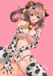  1girl animal_ears animal_print bell bell_collar bikini blue_eyes breasts brown_hair collar collarbone cow_ears cow_horns cow_print cowbell elbow_gloves fake_animal_ears girl_on_top gloves highres horns kantai_collection kuga_zankurou large_breasts looking_at_viewer micro_bikini navel one_side_up pink_background ponytail saratoga_(kantai_collection) side-tie_bikini sidelocks simple_background smokestack_hair_ornament solo_focus swimsuit thighhighs 