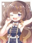  1girl absurdres anya_melfissa arm_up armpits blush breasts brown_hair commentary_request fang hair_ornament highres hololive looking_at_viewer one_eye_closed open_mouth purple_eyes sleepy sleeveless solo tears virtual_youtuber zendamu 