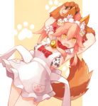  1girl animal_ear_fluff animal_ears animal_print apron armpits arms_behind_head arms_up bangs bare_shoulders bell bell_collar bikini blush bow breasts cat_hair_ornament collar cow_print fangs fate/extra fate/grand_order fate_(series) fox_ears fox_girl fox_tail frills hair_between_eyes hair_bow hair_ornament highres jingle_bell large_breasts long_hair looking_at_viewer open_mouth paw_print pink_hair ponytail red_bow sideboob sidelocks smile sorrau swimsuit tail tamamo_(fate)_(all) tamamo_cat_(fate) thighs white_apron white_bikini yellow_eyes 