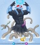  anthro anthrofied armor bath black_body black_skin blue_background brush cephalopod cnidarian coleoid curved_penis elemental_manipulation genitals hi_res holding_brush holding_object jellyfish lovkuma male marine medusozoan mollusk nintendo octopodiform partially_submerged penis pok&eacute;mon pok&eacute;mon_(species) pok&eacute;morph rubber_duck signature simple_background solo spiral_penis tapering_penis tentacle_monster tentacles tentacruel text video_games water water_manipulation 