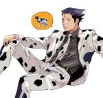  1boy animal_print belt black_hair black_shirt cow_print feet_out_of_frame green_(grimy) gyakuten_saiban hand_on_own_knee highres invisible_chair jacket knee_up male_focus naruhodou_ryuuichi necktie print_neckwear shirt simple_background sitting solo spiked_hair spoken_animal white_background 