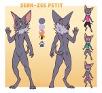  3_toes 4_fingers anthro big_ears black_eyes border bottomwear butt chiropteran clothed clothing curled_tail digitigrade eyes_closed eyewear featureless_chest featureless_crotch feet fingers fur glasses grey_body grey_fur hi_res keavemind male mammal markings model_sheet neck_tuft nude pink_nose sean-zee_petit shirt shorts simple_background solo standing sunglasses tank_top teeth text tie-dye toes tongue tongue_out topless topwear tuft white_border yellow_background yellow_sclera 