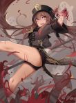  1girl absurdres blood blush brown_hair genshin_impact hat highres holding holding_weapon hu_tao legs long_hair long_sleeves open_mouth polearm red_eyes scar scratches short_shorts shorts smile solo symbol-shaped_pupils tailcoat weapon 