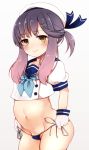  belly blue_neckwear blue_panties blue_ribbon blue_sailor_collar commentary_request gloves gradient_hair hat kantai_collection multicolored_hair neckerchief orange_hair panties purple_eyes purple_hair ribbon sailor_collar sailor_hat sawamura_aoi short_hair short_hair_with_long_locks side-tie_panties sidelocks simple_background tsushima_(kantai_collection) underwear white_background white_gloves white_headwear 