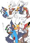  anthro armor avian beak blue_body blue_feathers blush breath_of_the_wild duo feathers hi_res hug japanese_text male male/male nintendo popemadara revali rito scarf teba_(tloz) text the_legend_of_zelda video_games white_body white_feathers winged_arms wings 