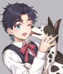 1boy ;d animal artist_name blue_eyes blue_hair blue_vest bow bowtie cheek_licking commentary_request danny_(jojo) dog face_licking great_dane grey_background happy highres jojo_no_kimyou_na_bouken jonathan_joestar licking long_sleeves male_focus nerune_j one_eye_closed open_mouth petting phantom_blood red_neckwear shirt short_hair simple_background smile spotted_fur twitter_username upper_body vest white_shirt younger 