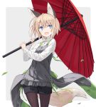  1girl :d animal_ears bangs black_shorts blue_eyes brown_hair brown_legwear commentary_request eyebrows_visible_through_hair fang fox_ears fox_girl fox_tail frills grey_background hair_between_eyes highres holding holding_umbrella legwear_under_shorts long_sleeves oil-paper_umbrella open_mouth original pantyhose poco_(asahi_age) red_umbrella shirt short_shorts shorts smile solo standing tail two-tone_background umbrella white_background white_shirt 