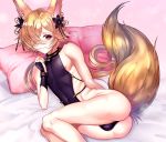  1boy aka_syakkou animal_ears areola_slip areolae ass backless_outfit bed_sheet blonde_hair brown_eyes bulge character_request choker closed_mouth commentary_request covered_navel covered_nipples crossdressing embarrassed eyelashes feet_out_of_frame flower fox_ears fox_tail granblue_fantasy hair_flower hair_ornament hair_over_one_eye highres long_hair looking_at_viewer male_focus otoko_no_ko pillow revealing_clothes shiny shiny_hair sidelocks solo sparkle tail toned 