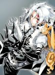  1boy absurdres allen_walker asymmetrical_clothes bangs belt black_jacket black_pants blue_eyes d.gray-man earrings gloves grey_background hair_between_eyes heterochromia highres jacket jewelry male_focus medium_hair noan pants red_eyes shiny shiny_hair silver_hair solo timcanpy white_belt white_gloves 