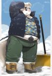  2021 anthro black_body black_fur black_nose blush bodily_fluids bottomwear bulge canid canine canis clothing detailed_background domestic_dog fur hi_res kemono male mammal nikiciy outside overweight overweight_male pants snow solo sweat sweater topwear white_body white_fur 